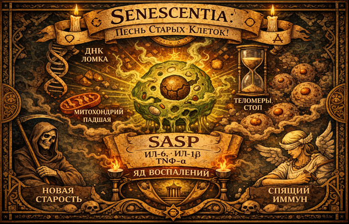 Сенесентные клетки в Dissolutio Corporis схема Картина символизирующая апоптоз сеносентных клеток